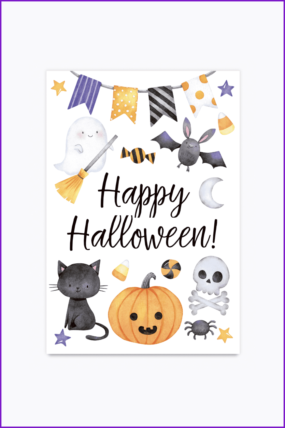 Halloween card with cute ghosts, cat, pumpkin, skull and bat.