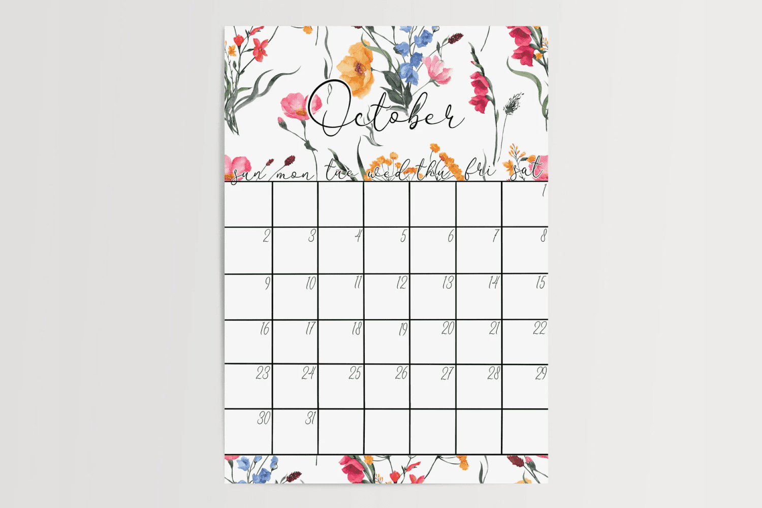 October calendar with white background and bright wildflowers.