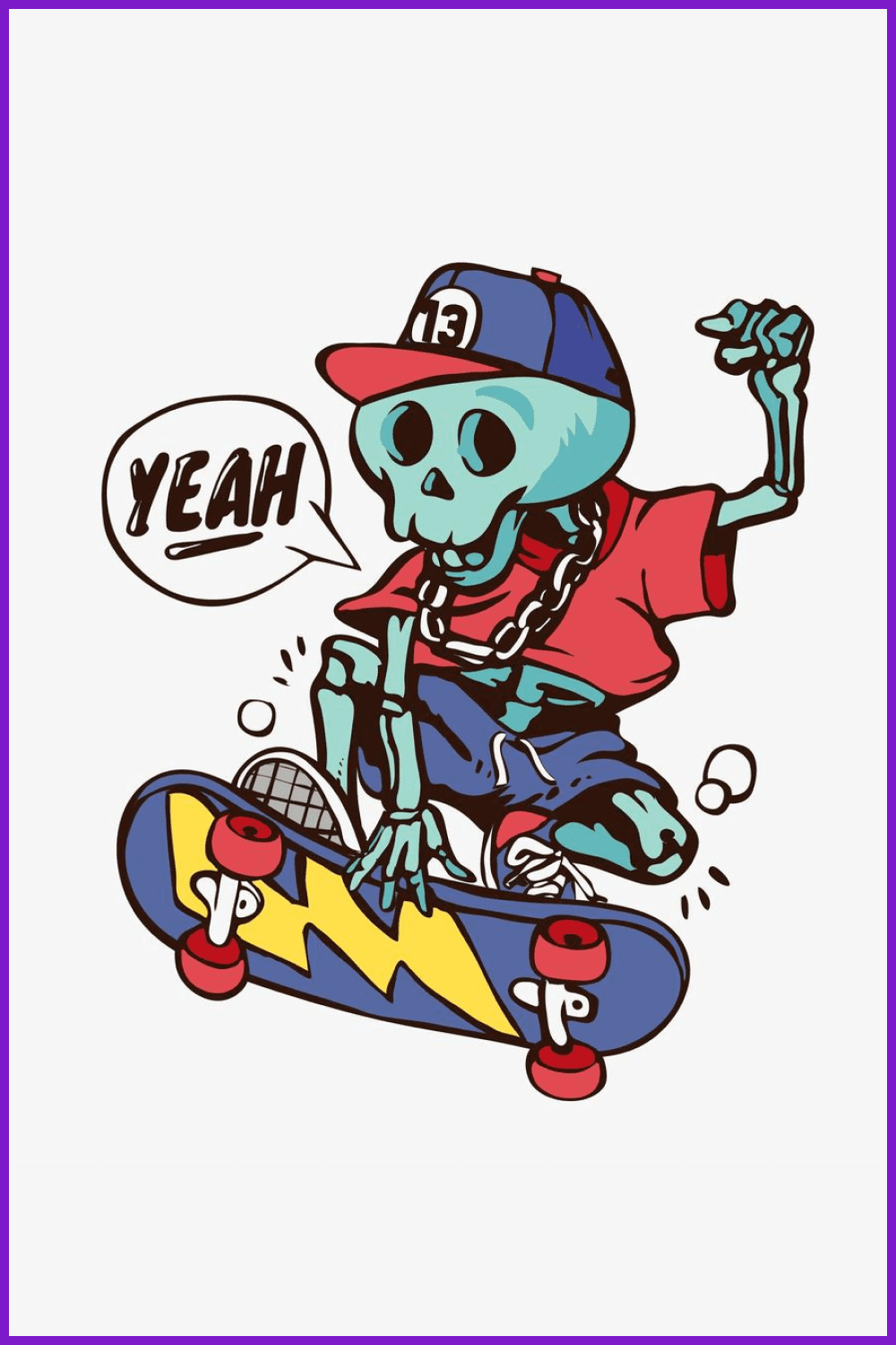 Cartoon skeleton in a cap on a skateboard.