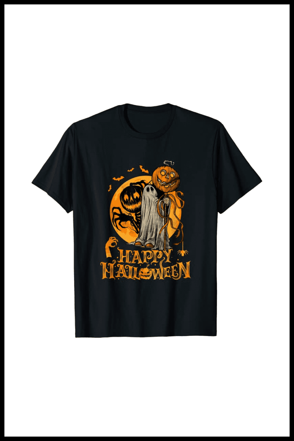 Black t-shirt with ghost, skeleton and pumpkin.