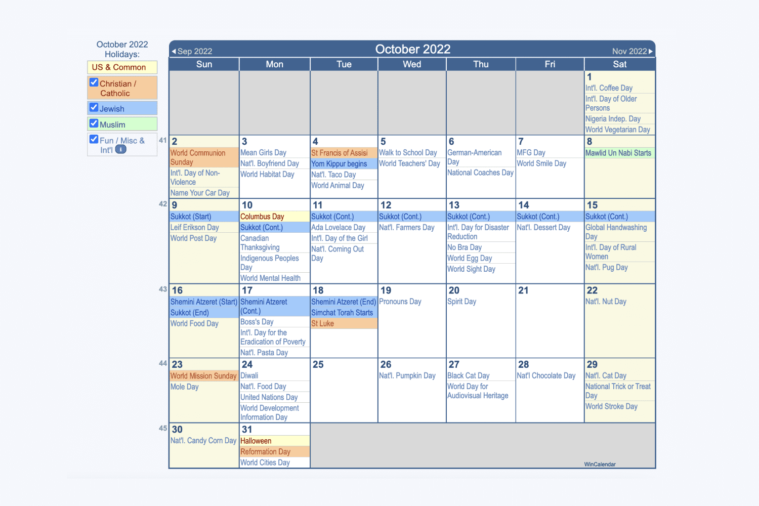 October calendar with white background and US holidays.