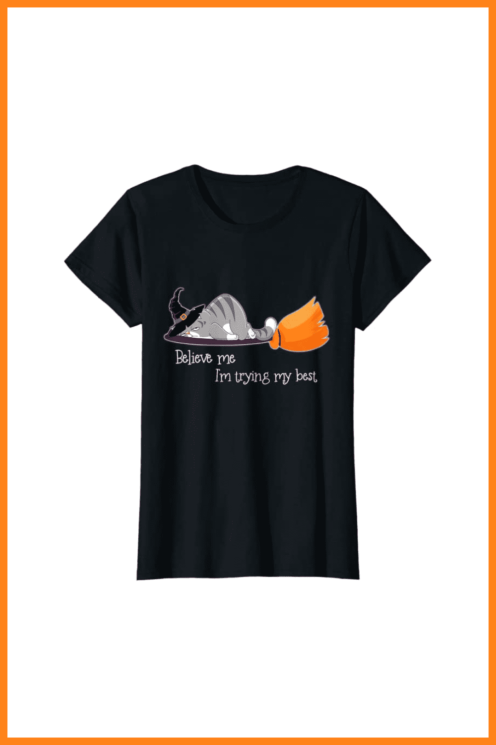 Black T-shirt with a sleeping cat on a broom.