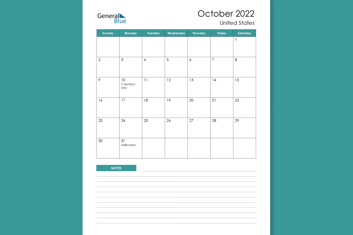 Calendar for october with white background with USA holidays and block for notes.