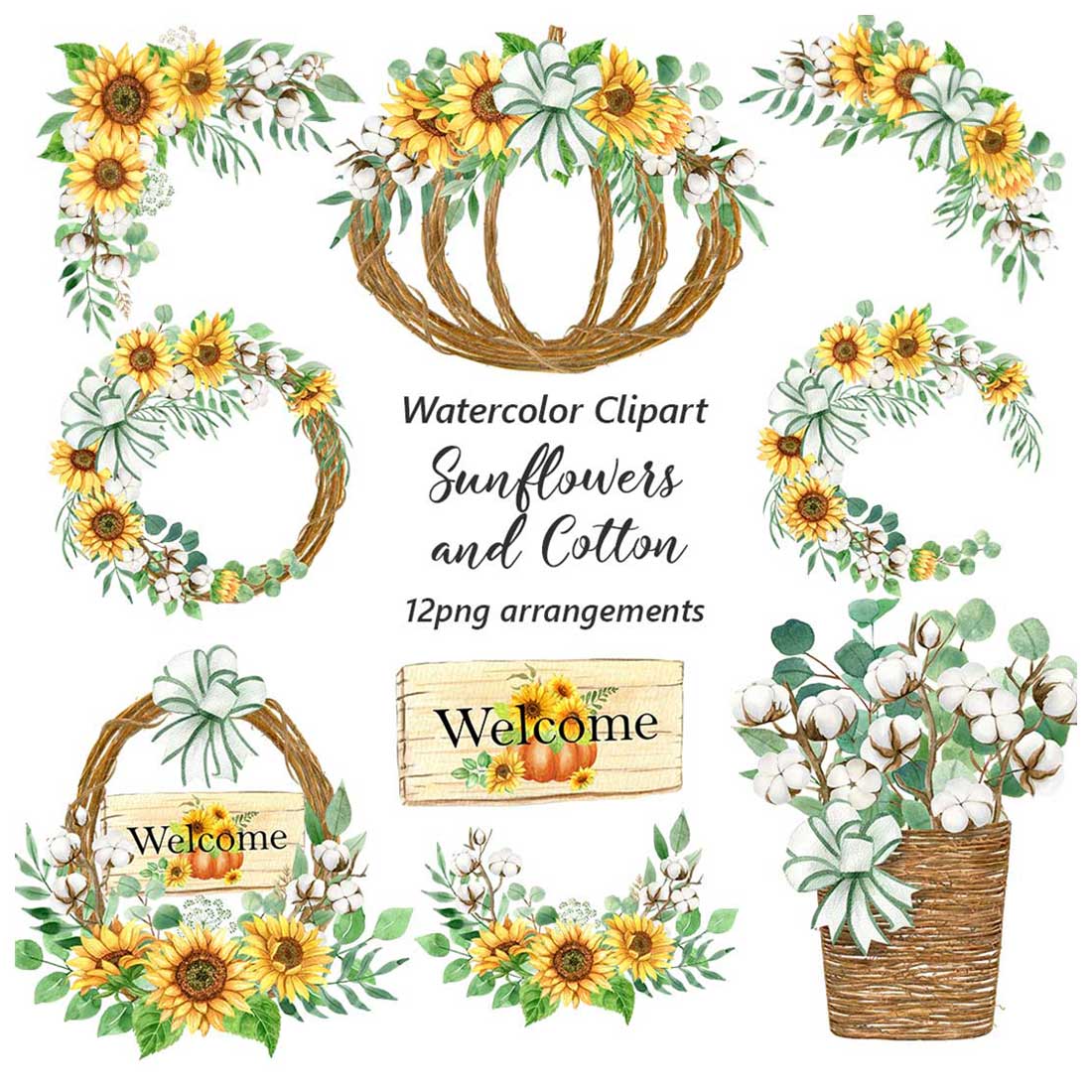 Watercolor Sunflower and Cotton Clipart cover image.
