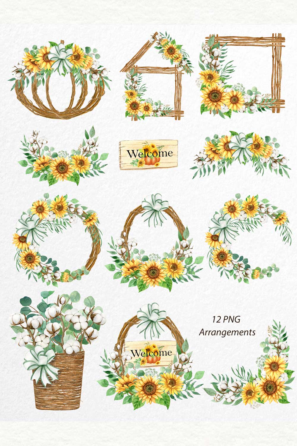 Watercolor Sunflower and Cotton Clipart pinterest image.