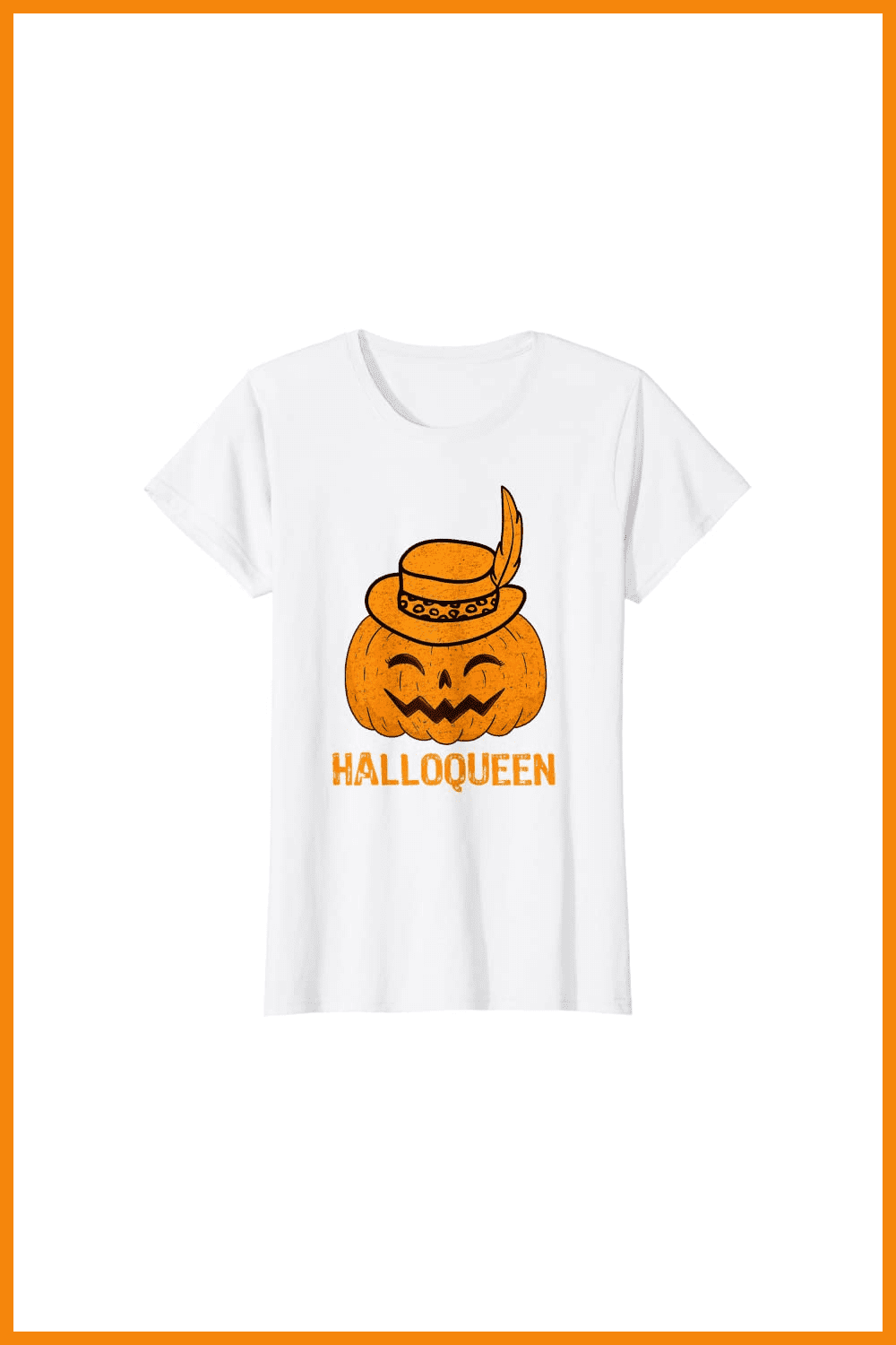 White t-shirt with a cute pumpkin in a hat with a feather.