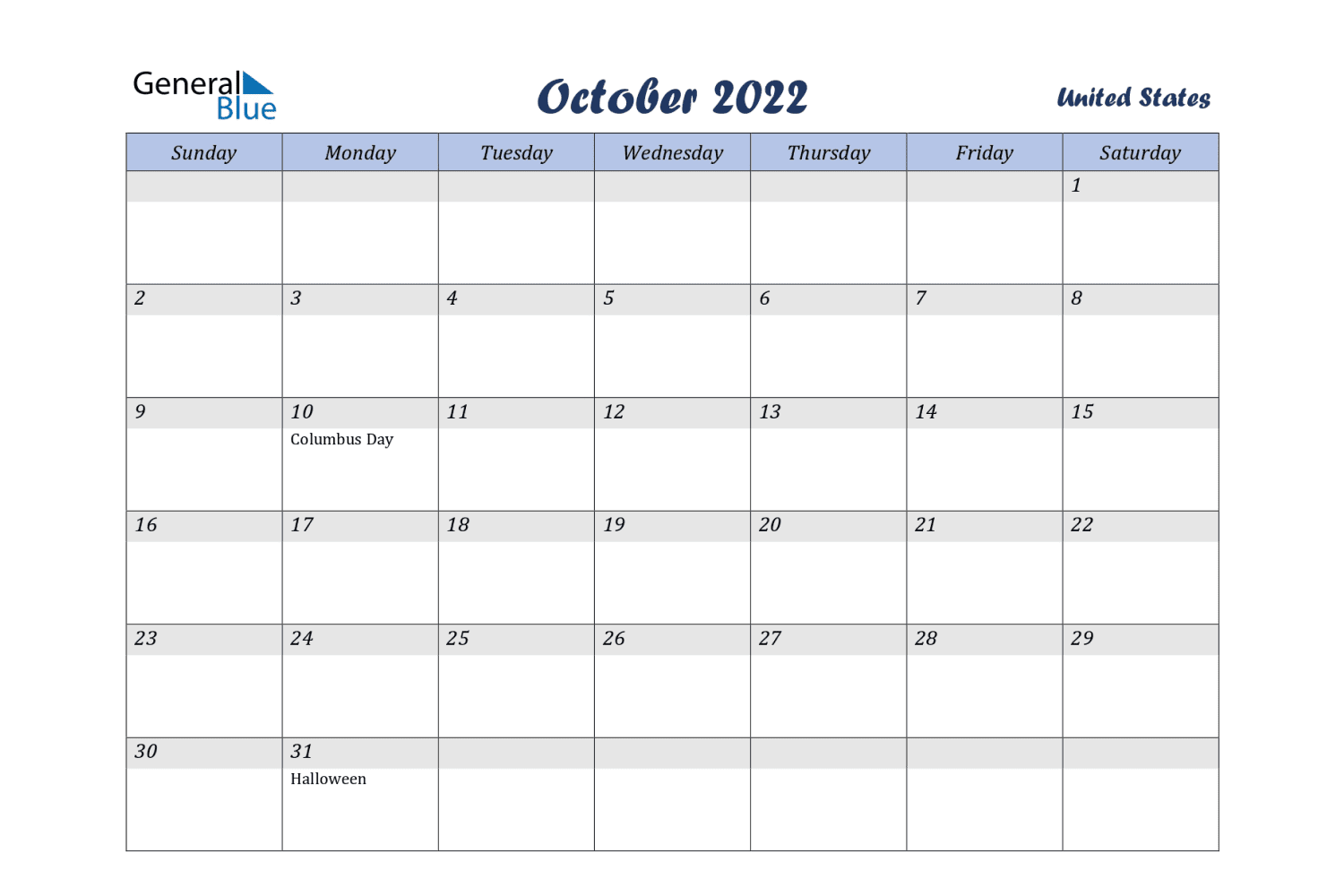 October calendar with white and gray background with USA holidays.