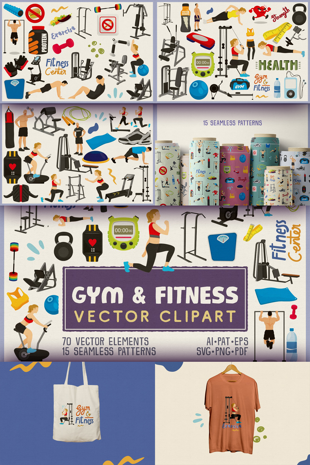 Pinterest gym and fitness vector clipart and seamless patter.