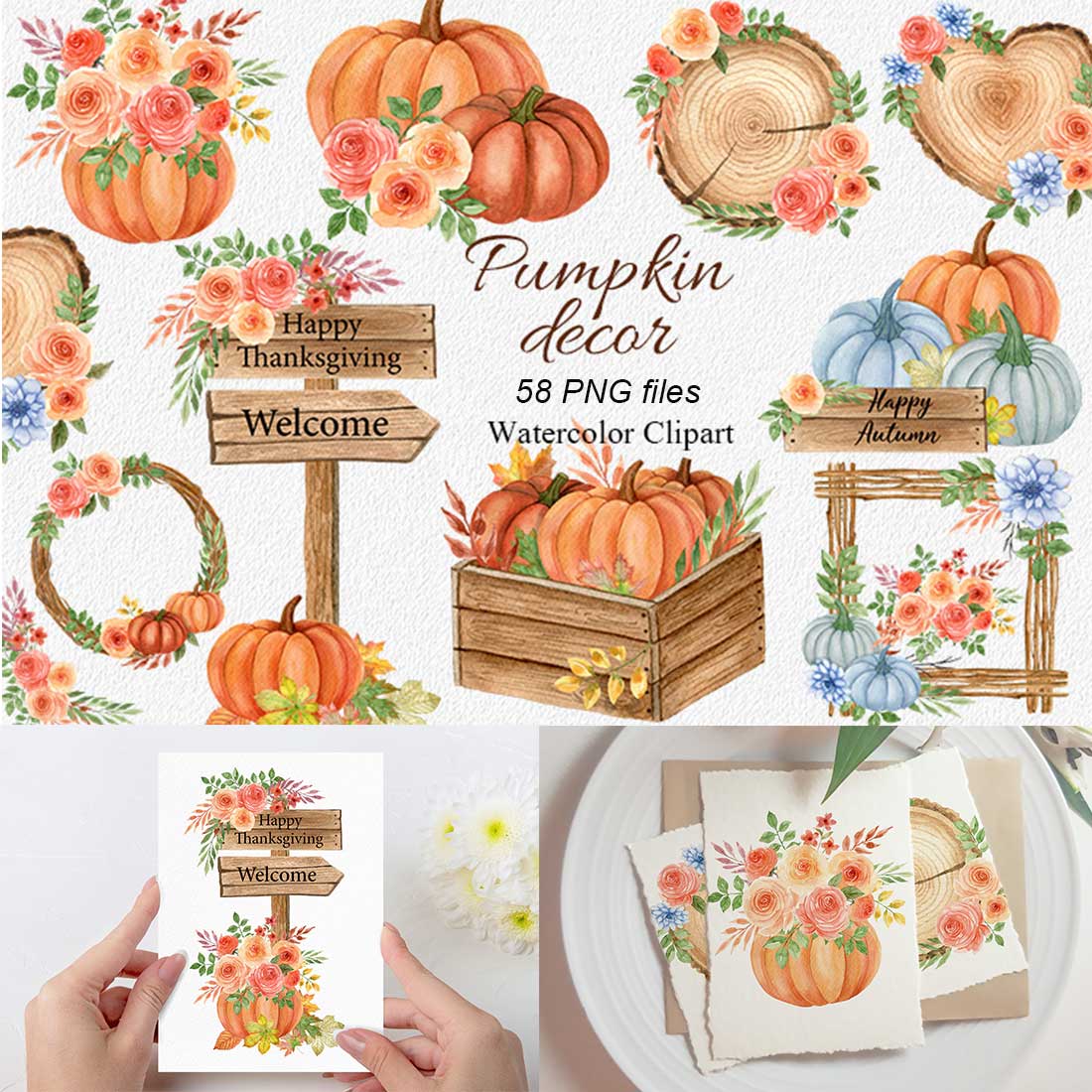 Watercolor autumn compositions with pumpkins and flowers - MasterBundles