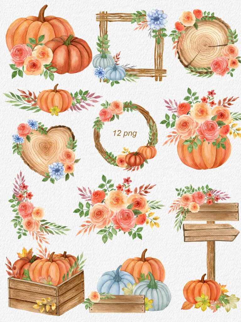 Watercolor autumn compositions with pumpkins and flowers - MasterBundles