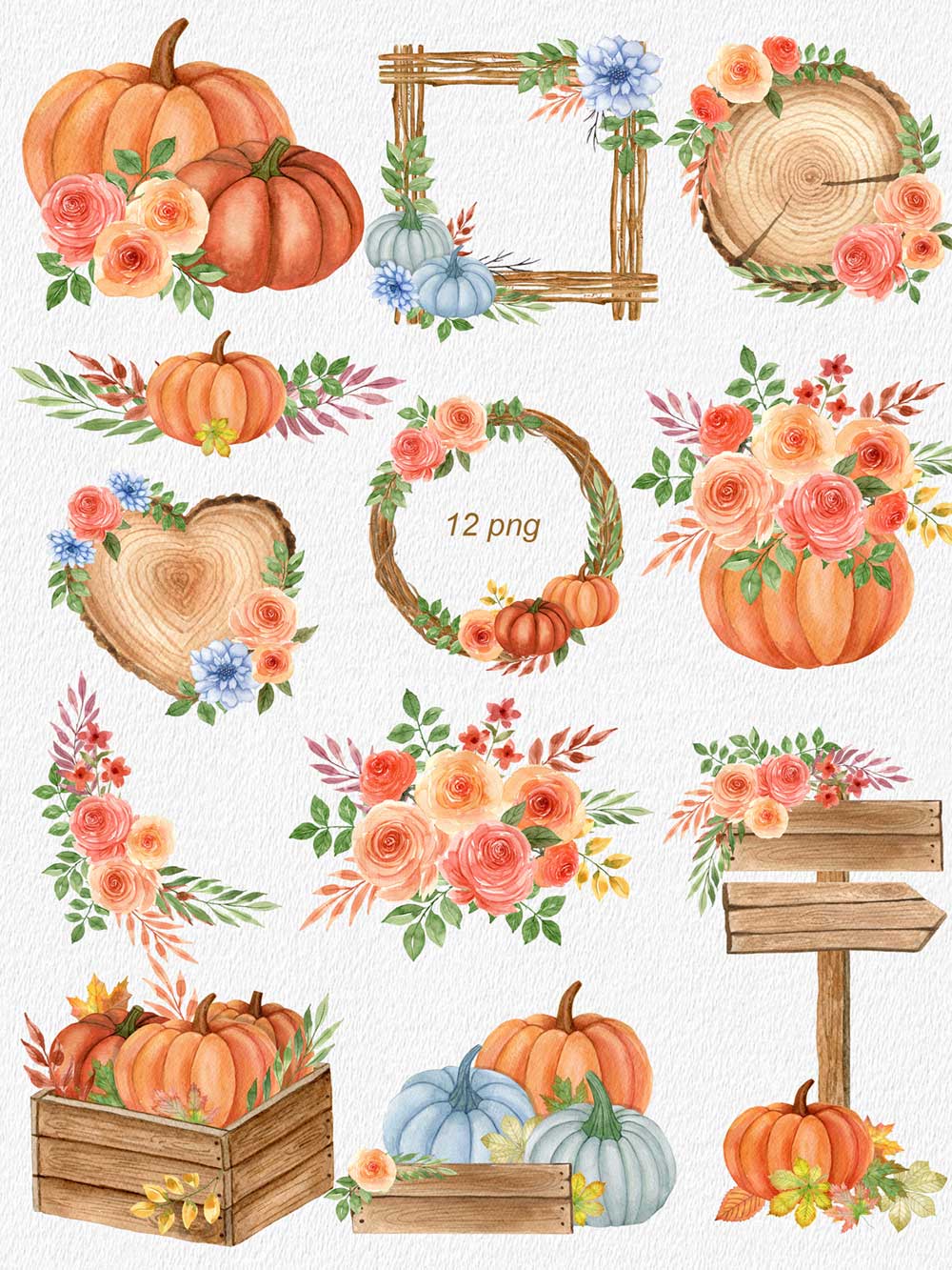 Watercolor Autumn Compositions with Pumpkins and Flowers.
