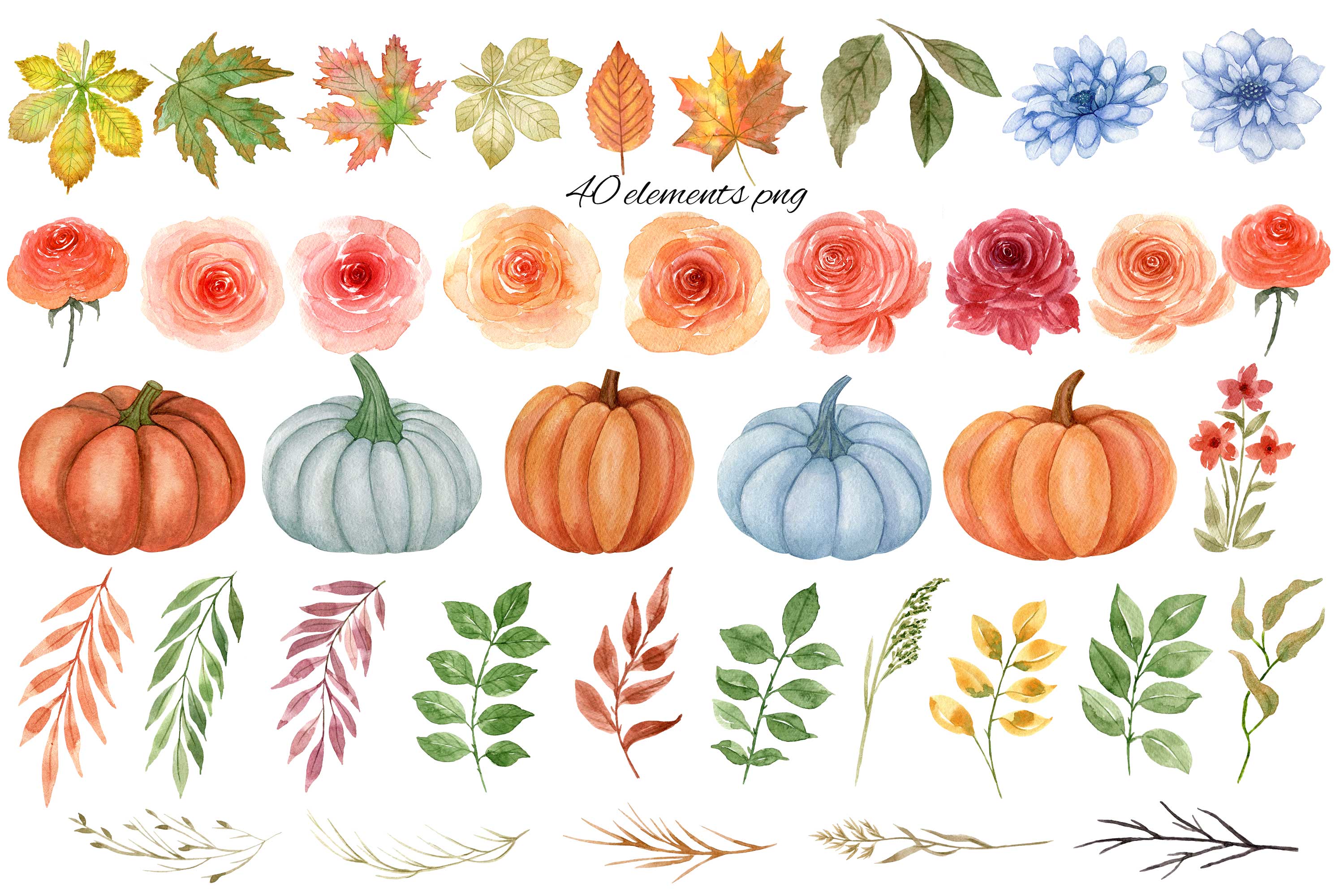 Watercolor Autumn Compositions with Pumpkins and Flowers elements.