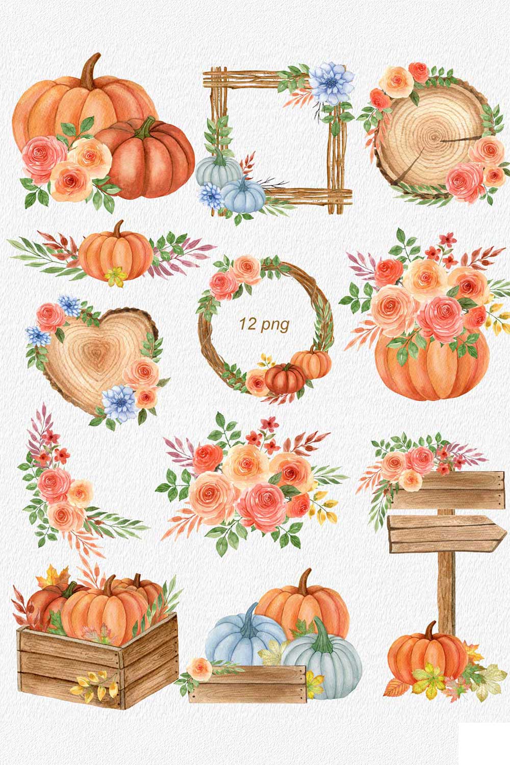 Watercolor Autumn Compositions with Pumpkins and Flowers pinterest image.