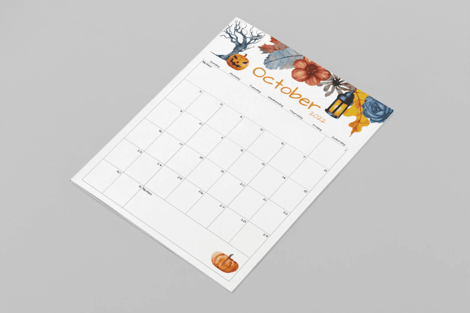 October calendar with pumpkin, lantern and flowers.