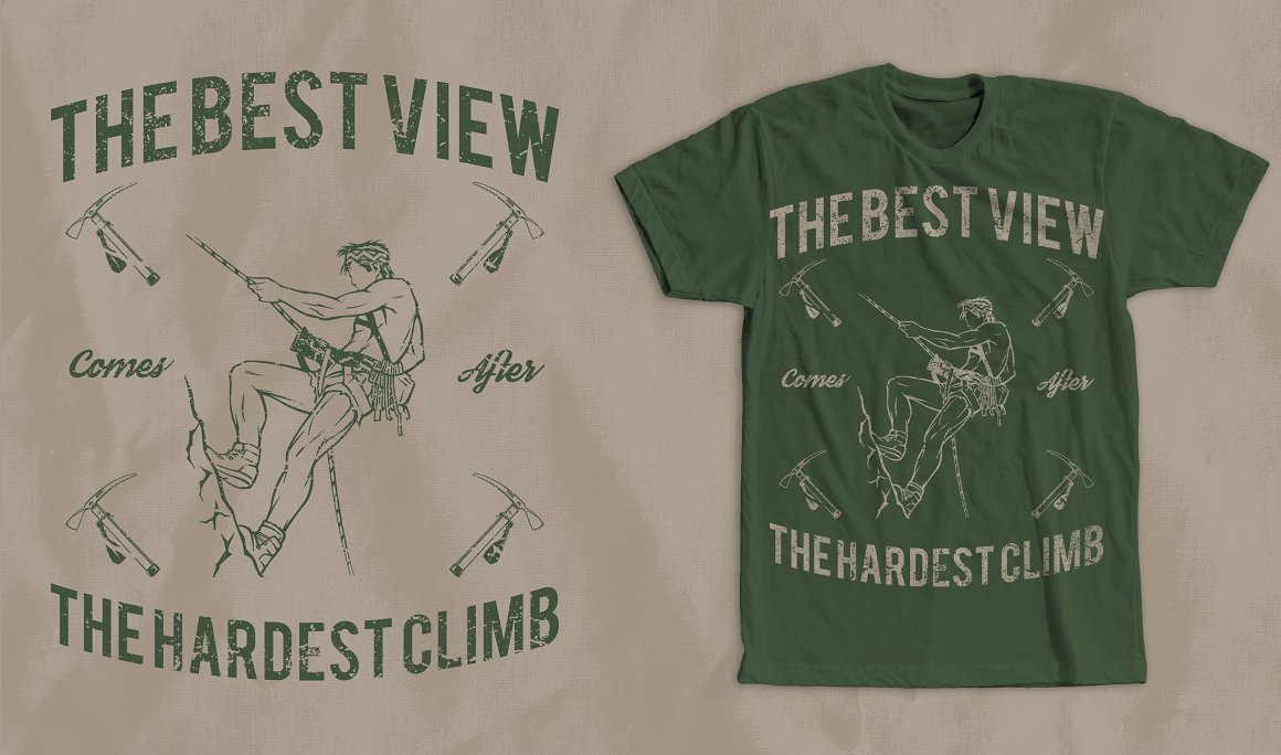 Olive T-shirt with grey climbing image with lettering "The best view the hardest climb" and the same olive image with lettering on the grey background.