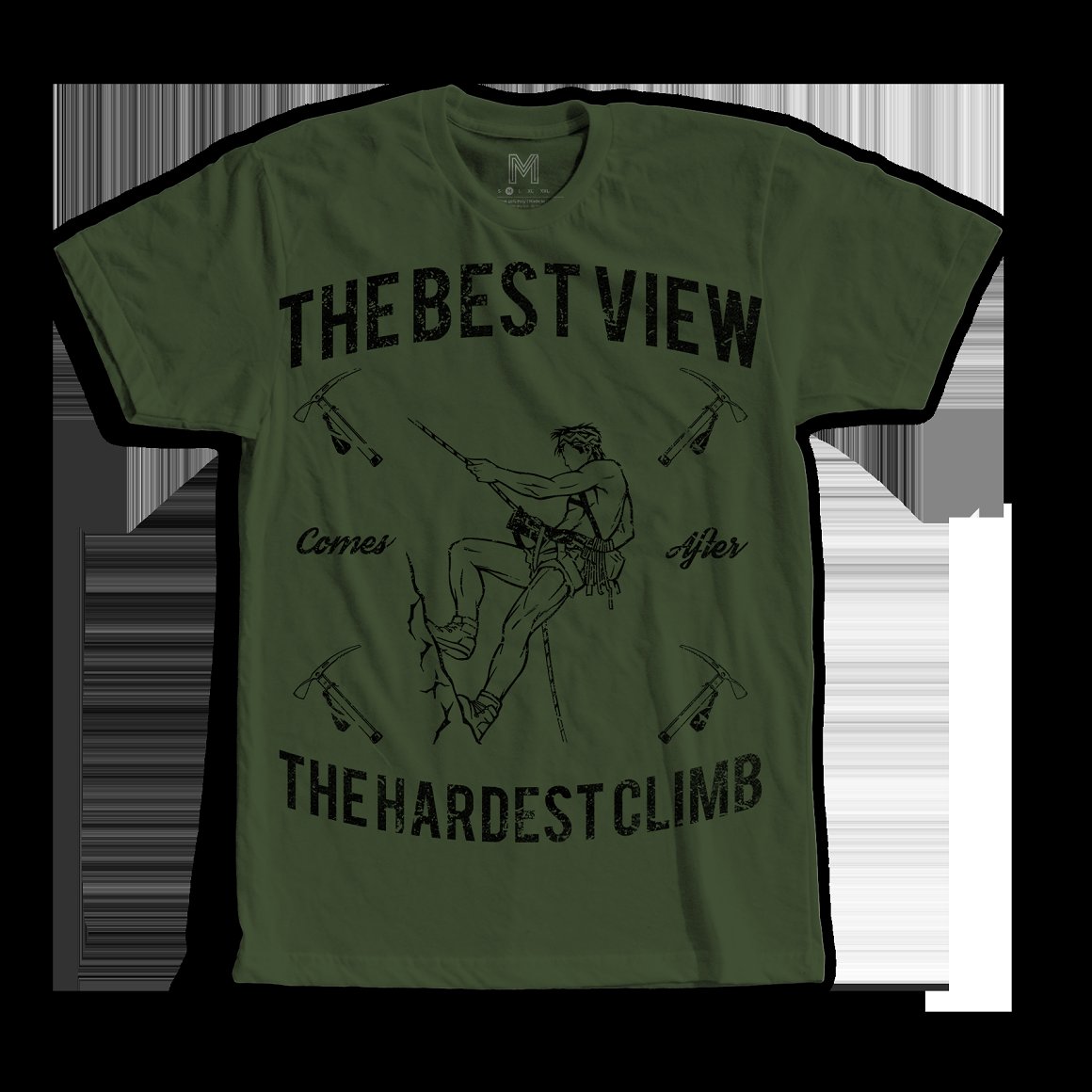 Olive T-shirt with black climbing image with lettering "The best view the hardest climb".