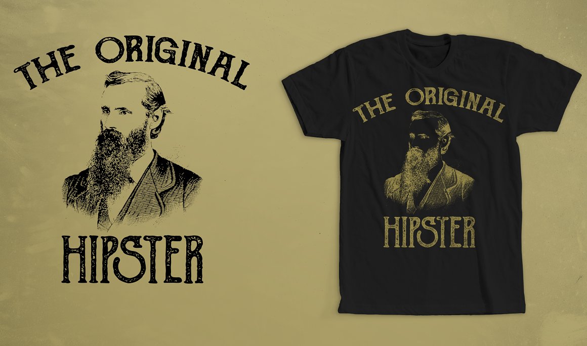 Retro vintage distressed design with the lettering "The original hipster" on black t-shirt.
