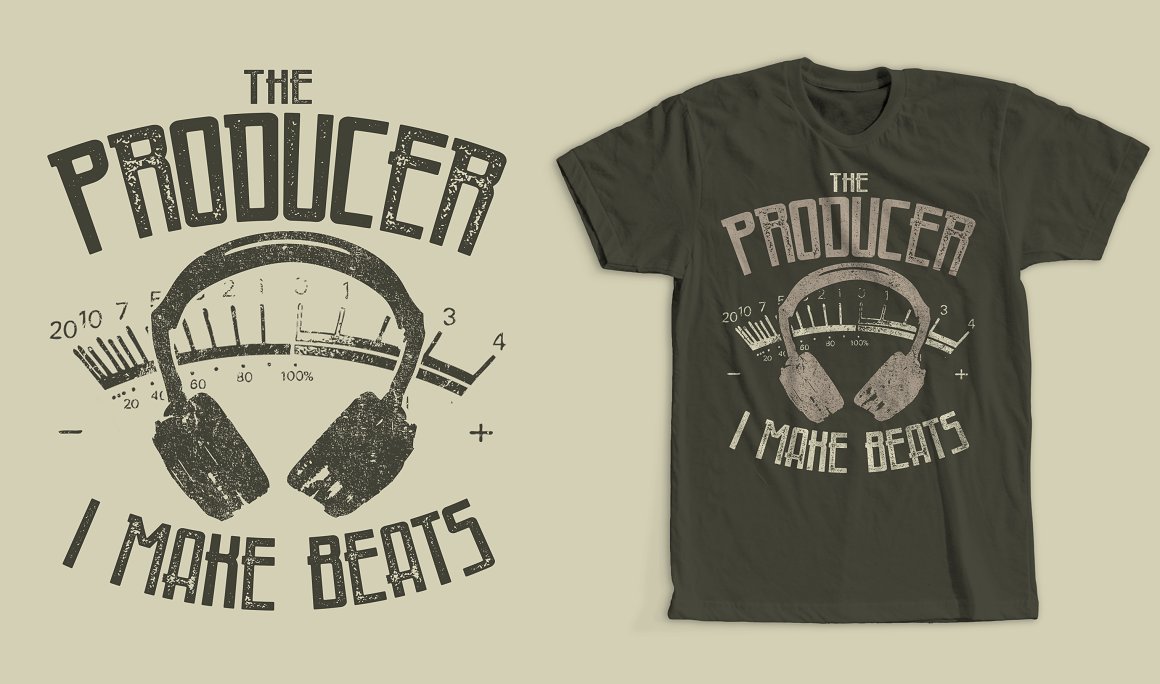Grey image headphones with the lettering "The producer I make beats" on dark grey t-shirt and dark grey same image with lettering on a white background.