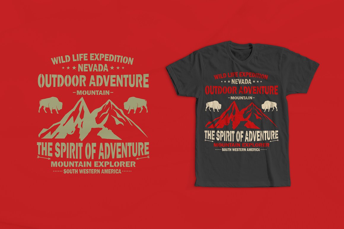 White and red image with the lettering "Wild life expedition Nevada outdoor adventure mountain the spirit of adventure mountain explorer South Western America" on dark blue t-shirt and grey same image with lettering on a red background.