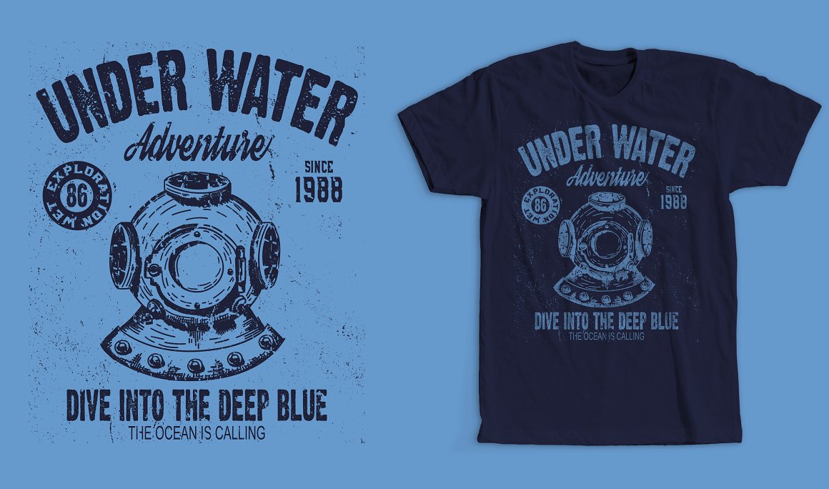 Blue image with the lettering "Under water adventure dive into the deep blue the ocean is calling" on dark blue t-shirt and dark blue same image with lettering on a blue background.