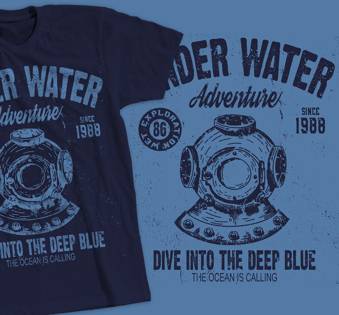 Blue image with the lettering "Under water adventure dive into the deep blue the ocean is calling" on dark blue t-shirt and dark blue same image with lettering on a blue background Cover.