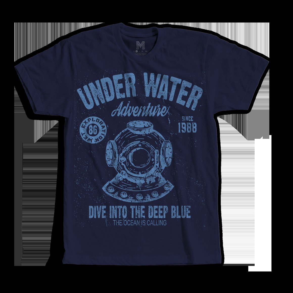Blue image with the lettering "Under water adventure dive into the deep blue the ocean is calling" on dark blue t-shirt.