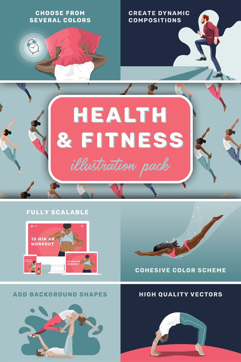 Health fitness illustration pack - pinterest image preview.