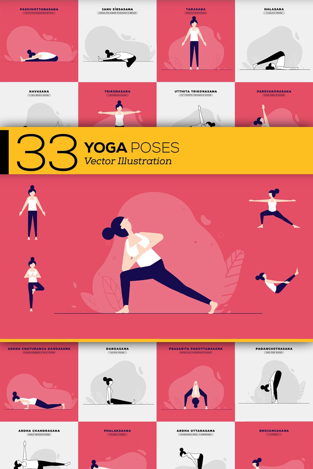 33 yoga poses illustration - pinterest image preview.