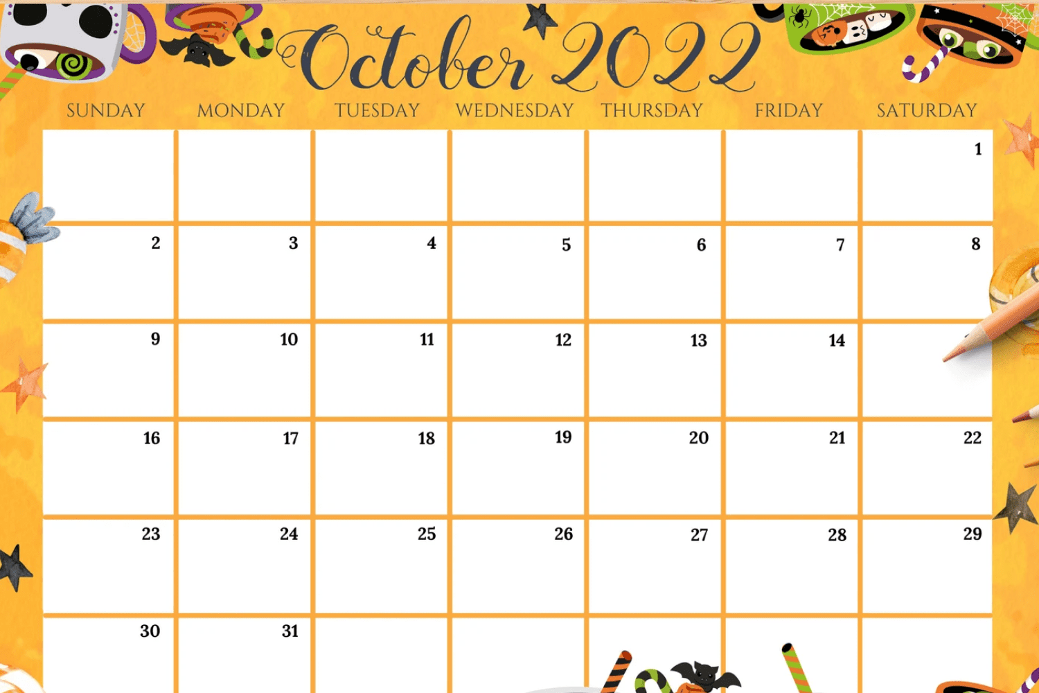 Bright calendar for October with cups of sweets.