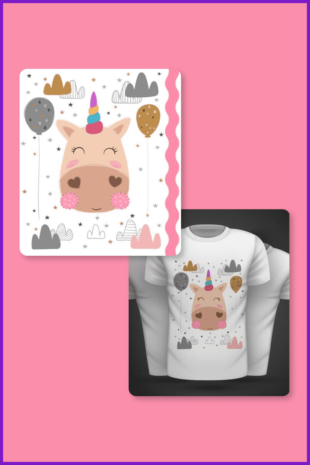 Cartoon cute unicorn with balloons and clouds on a t-shirt.