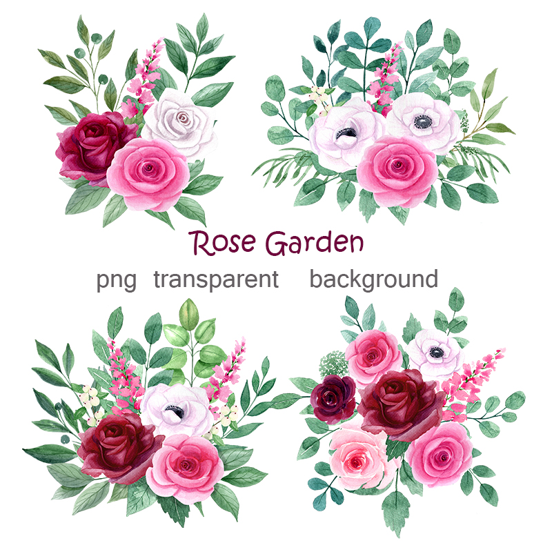 Rose Garden - Set of Watercolor Flowers arrangements.