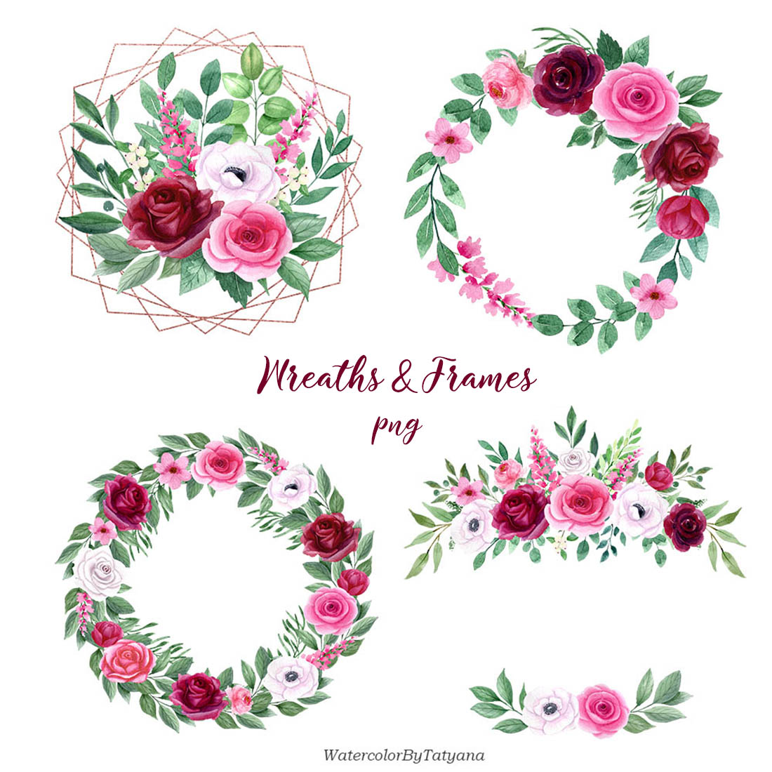 Rose Garden - Set of Watercolor Flowers wreaths.