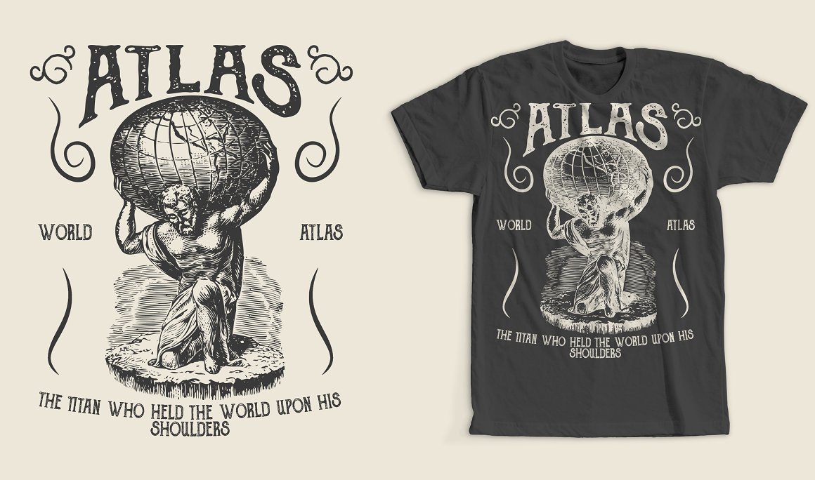 Preview white image of a mythical character - Titan with the lettering "Atlas" on black t-shirt and black same image with lettering on a white background.
