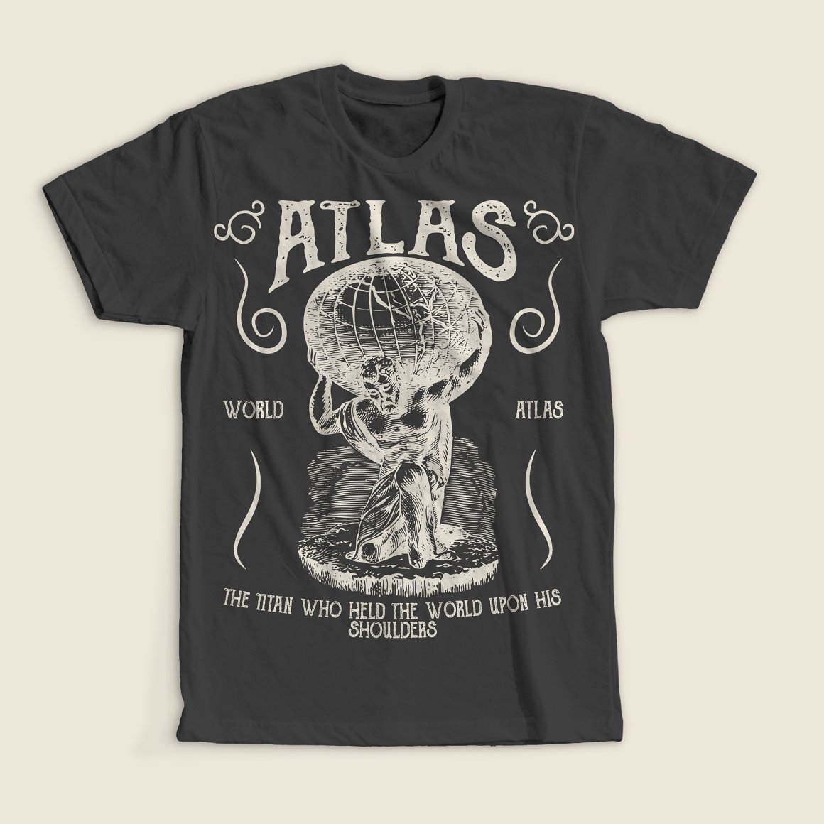 White image of a mythical character - Titan with the lettering "Atlas" on black t-shirt.
