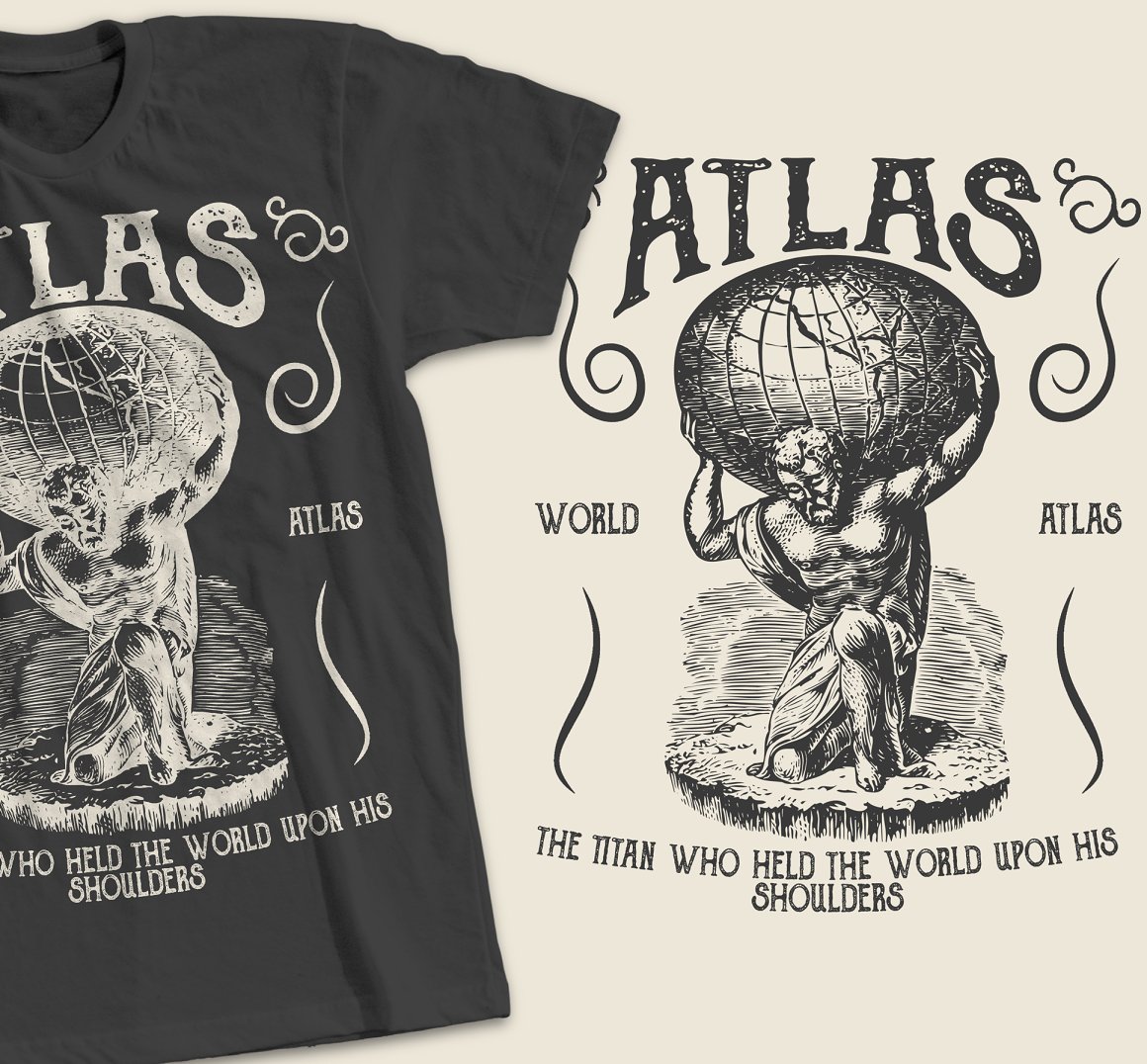 White image of a mythical character - Titan with the lettering "Atlas" on black t-shirt and black same image with lettering on a white background.