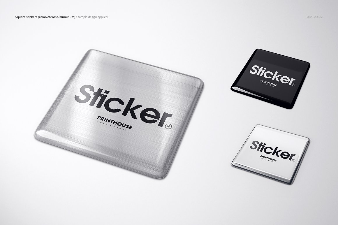 Images of irresistible mockups of 3d epoxy stickers in different colors.