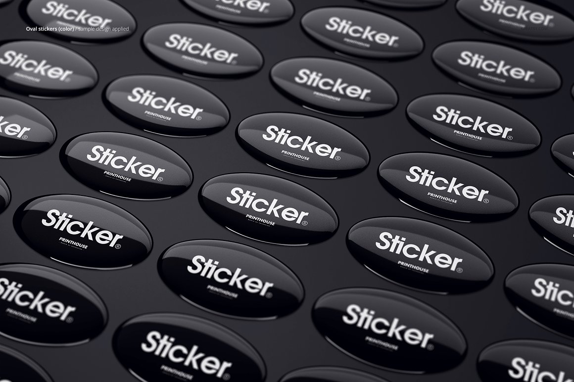 A selection of images of colorful mockups of 3d black epoxy stickers.