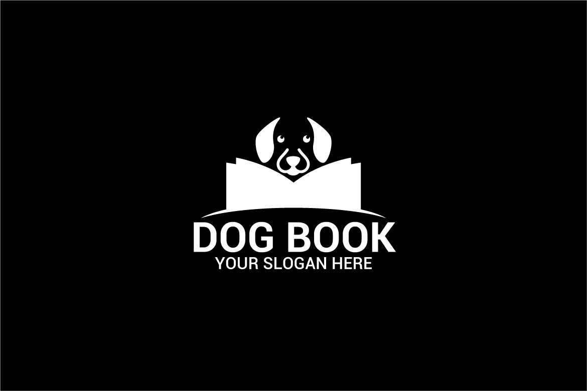 Black background with white dog book logo.