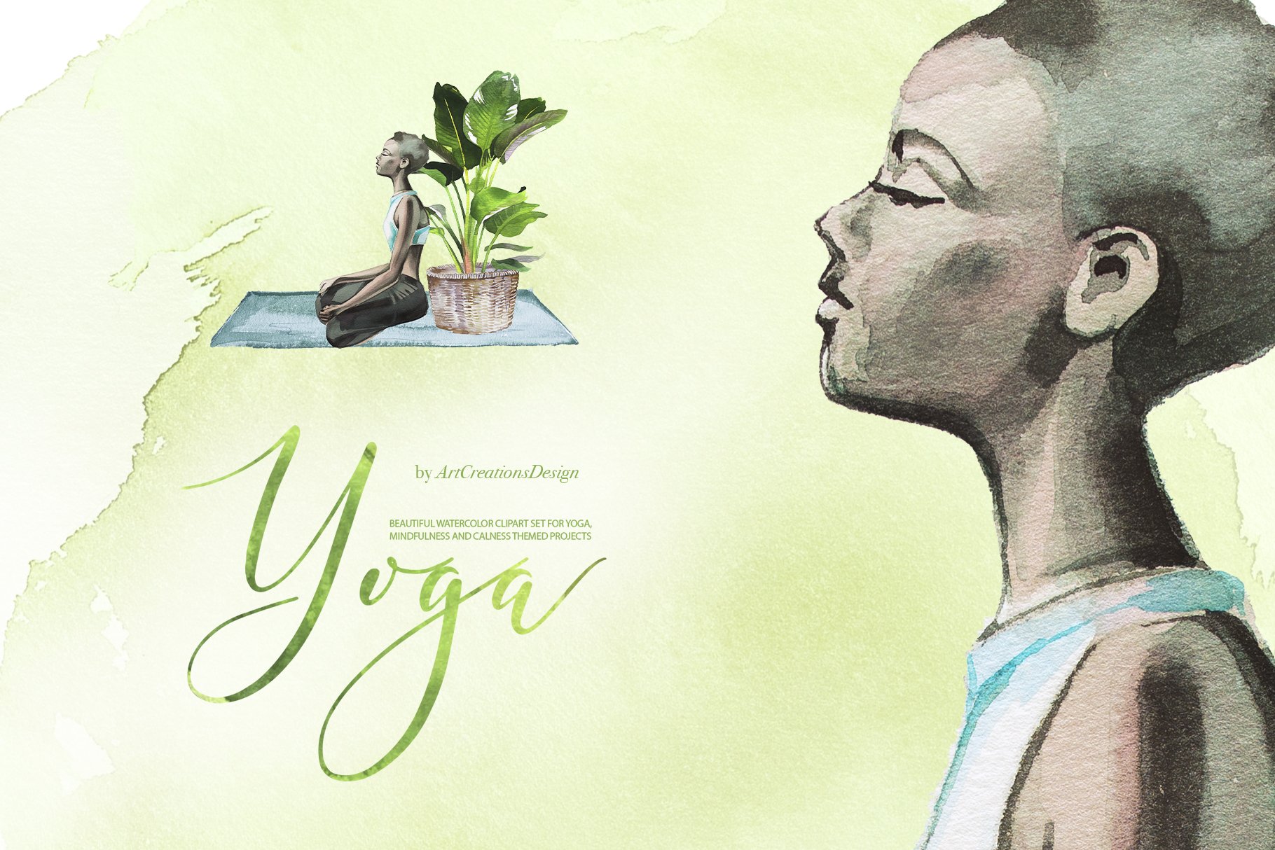 Watercolor yoga girl with a plant.