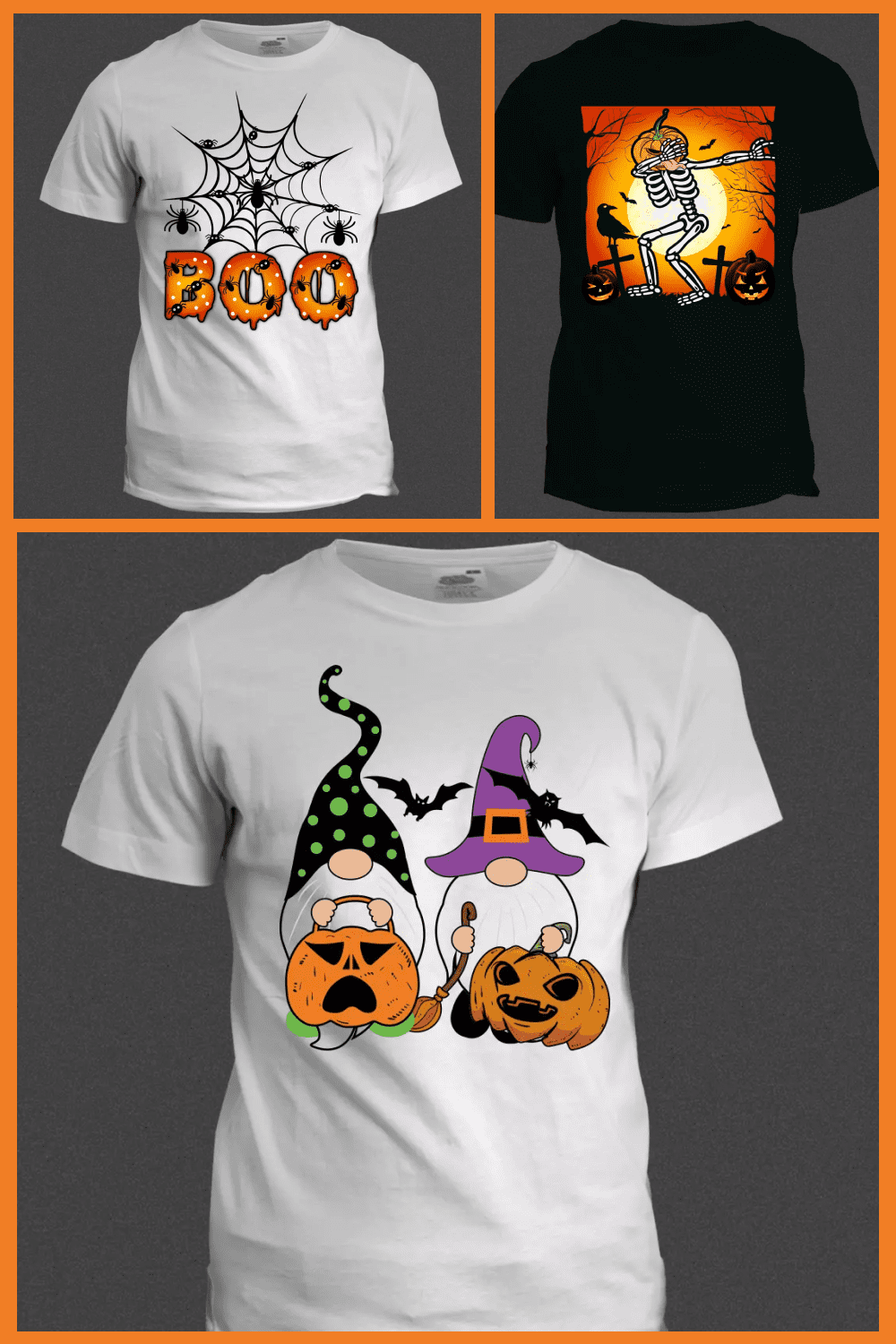 T-shirts with bright prints for Halloween with gnomes, pumpkins, skeleton, spiders.
