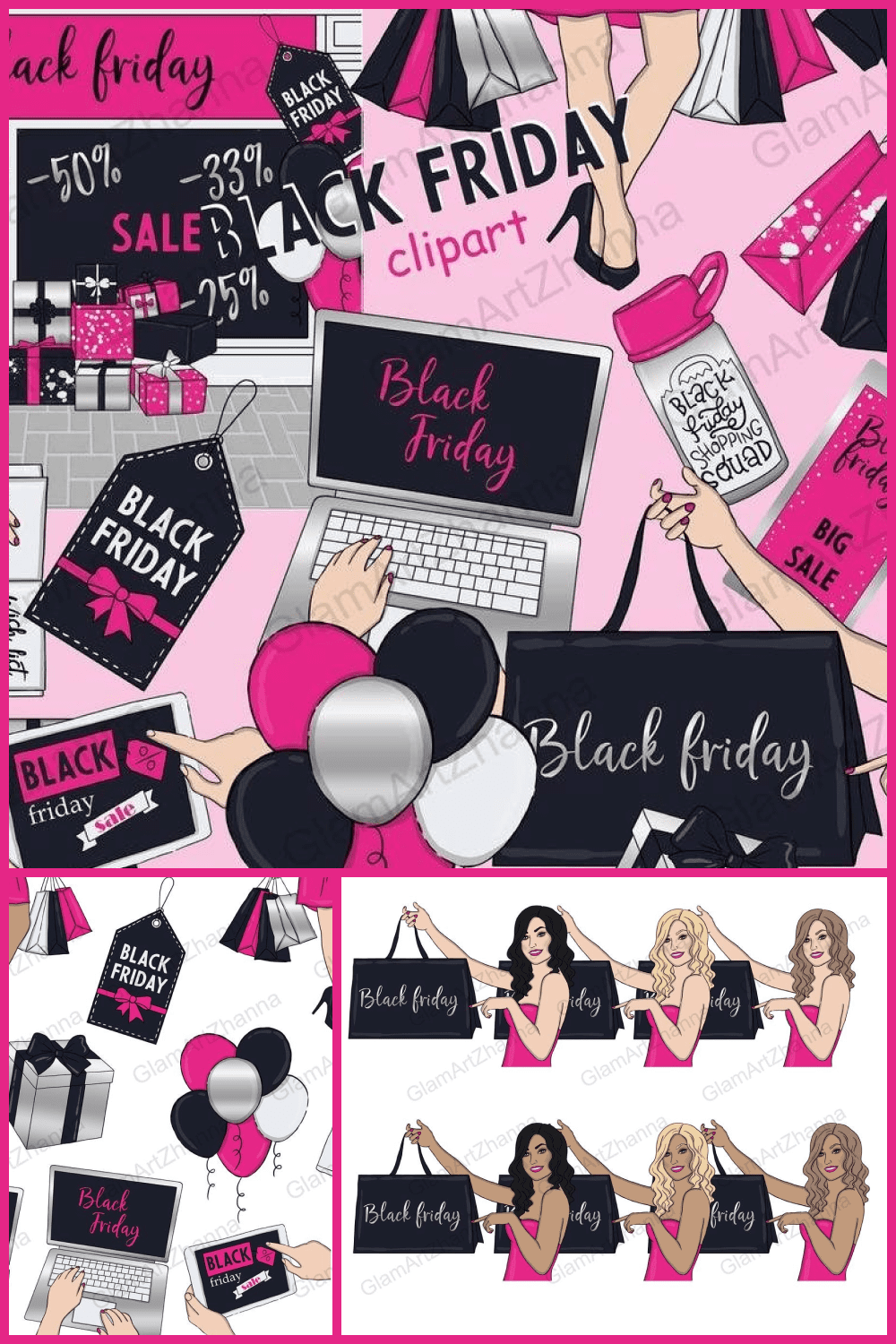 Mix of clipart with girls with bags, balloons, stickers, banners for Black Friday.
