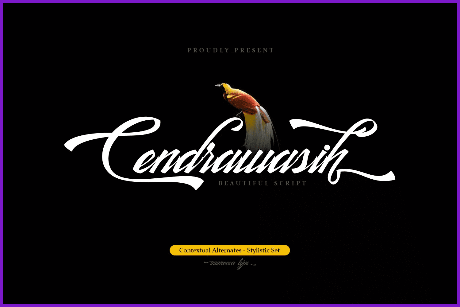 Font Cendrawasih in white letters on a black background and colored bird.