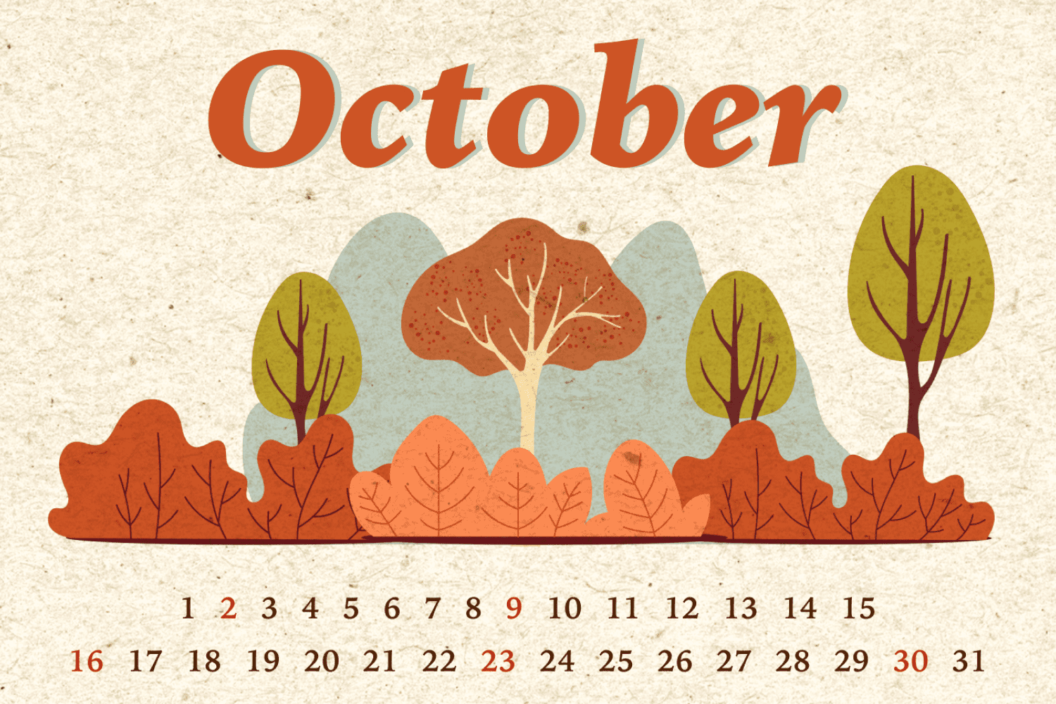 October calendar with painted autumn forest.