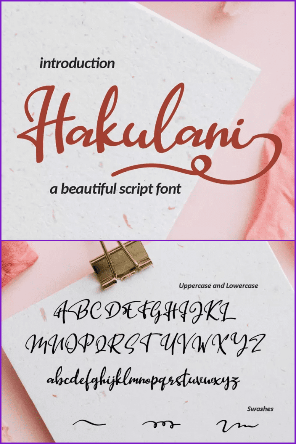 An example of a Hakulani Script Font on pink cards.