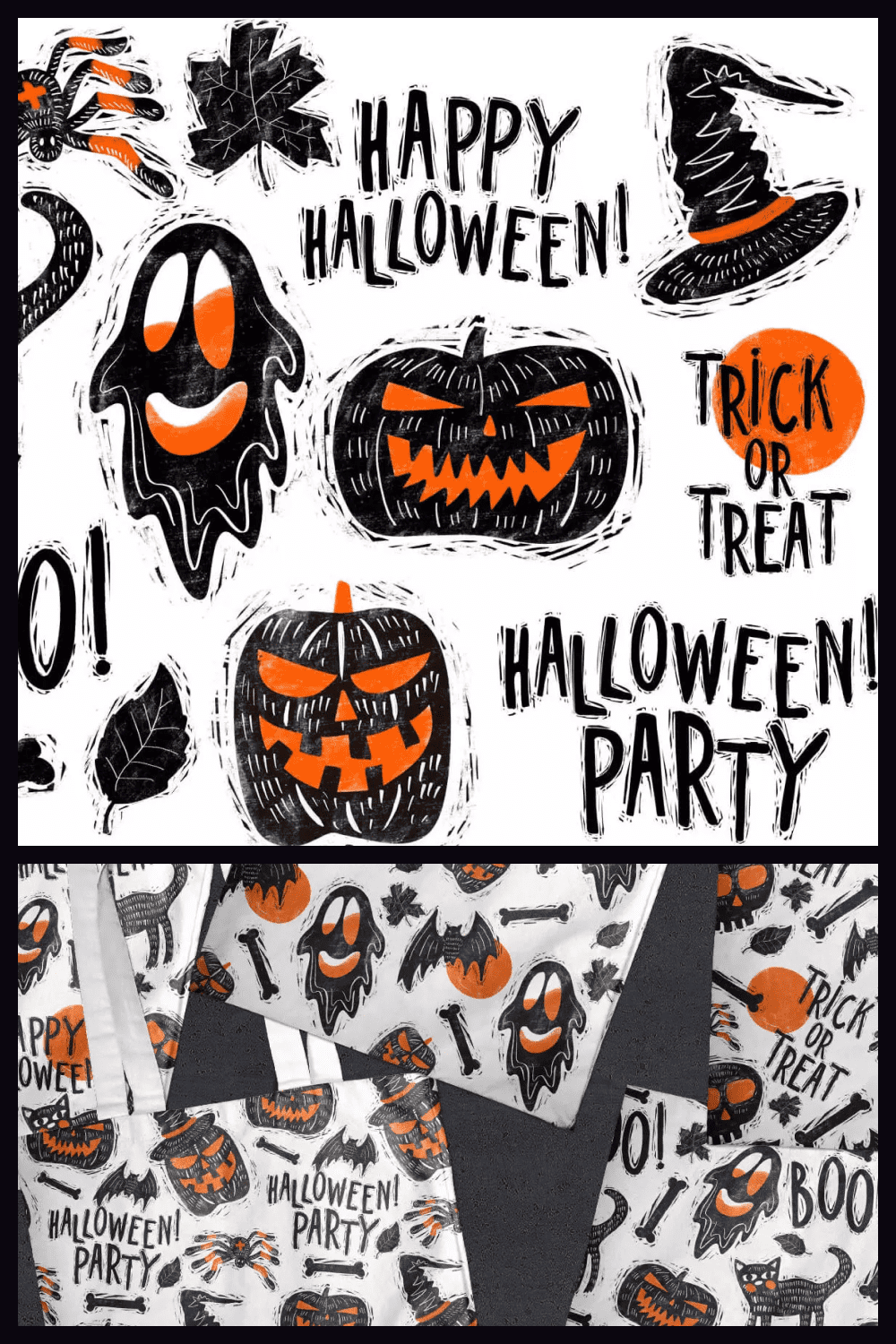 Hand drawn funny pumpkins, hat, ghosts in black and orange.