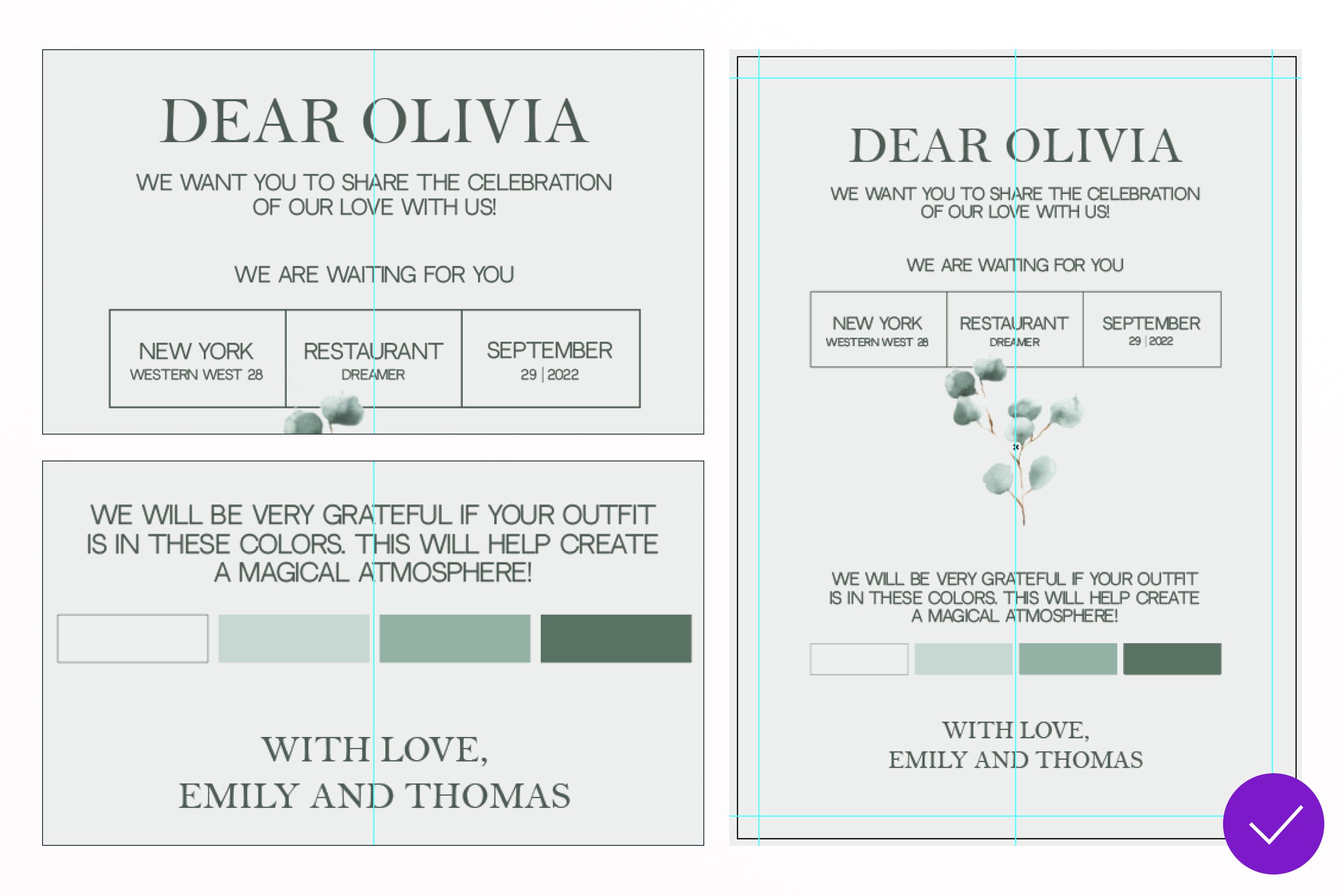 Two versions of the invitation with a flower in the middle and in olive color.