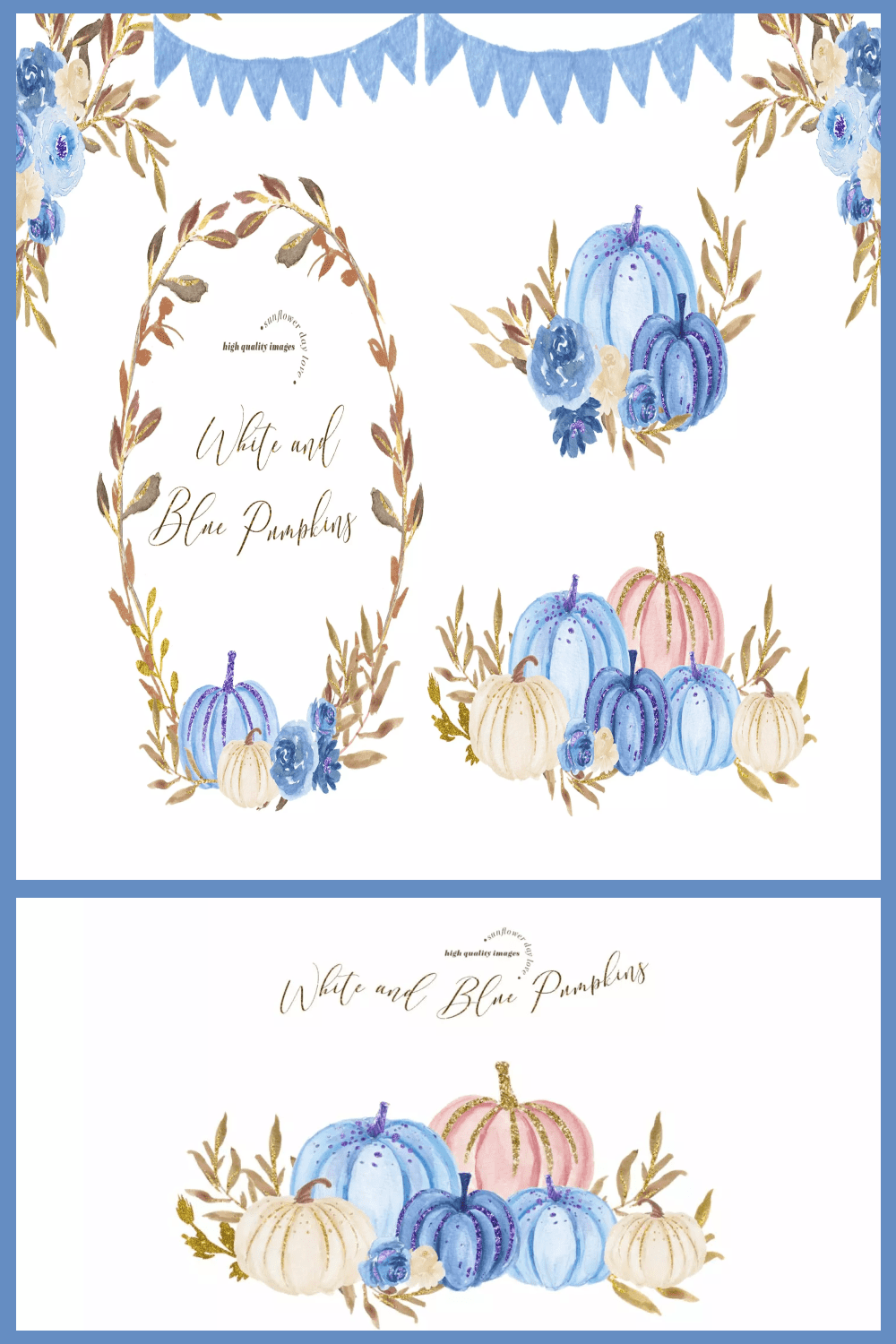 Collage with images of blue, pink and beige pumpkins.