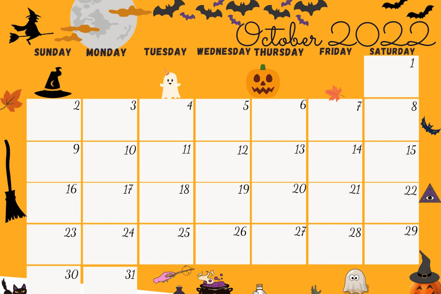Bright yellow calendar for October with pumpkins, ghosts, witches.