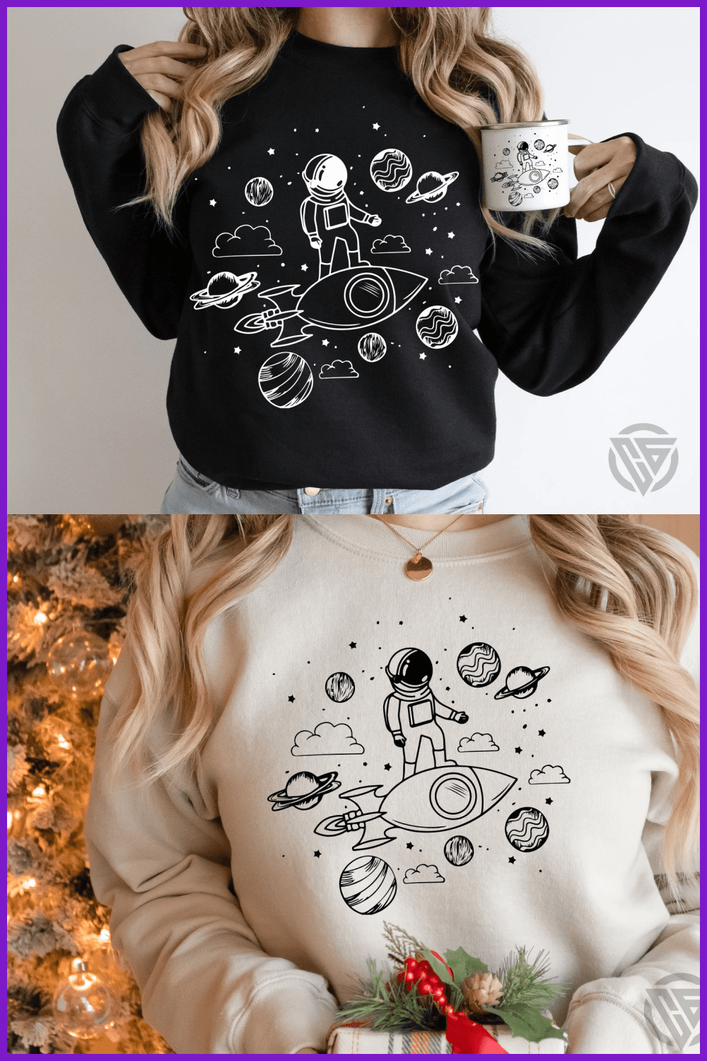 Sketch of an astronaut on a rocket among the planets printed on a hoodie.