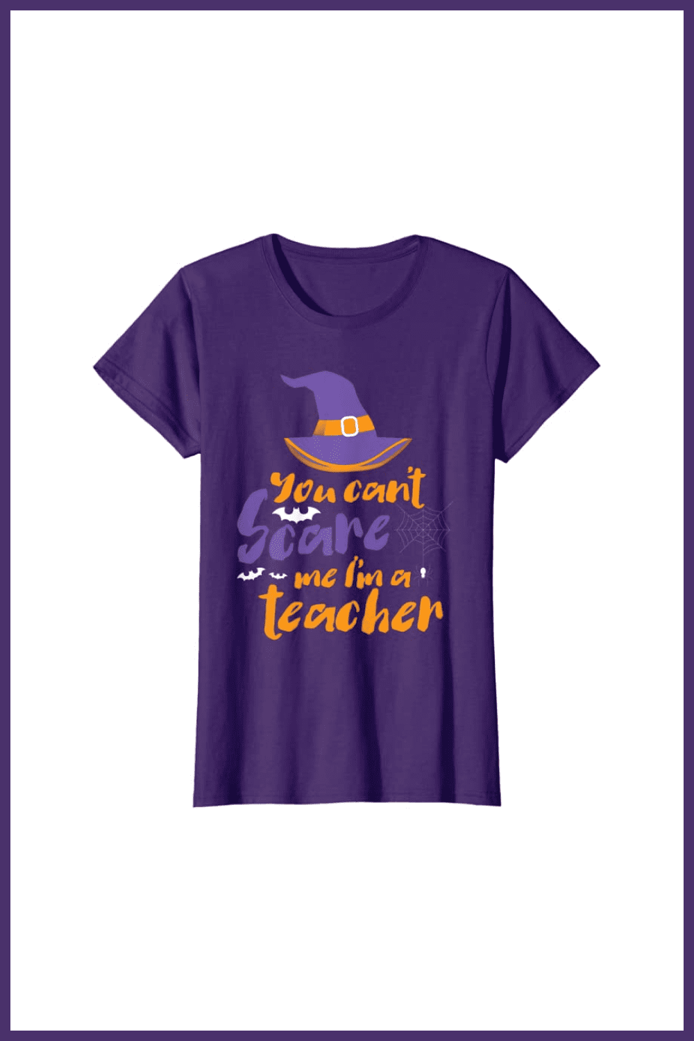 Purple t-shirt with witch hat and slogan.